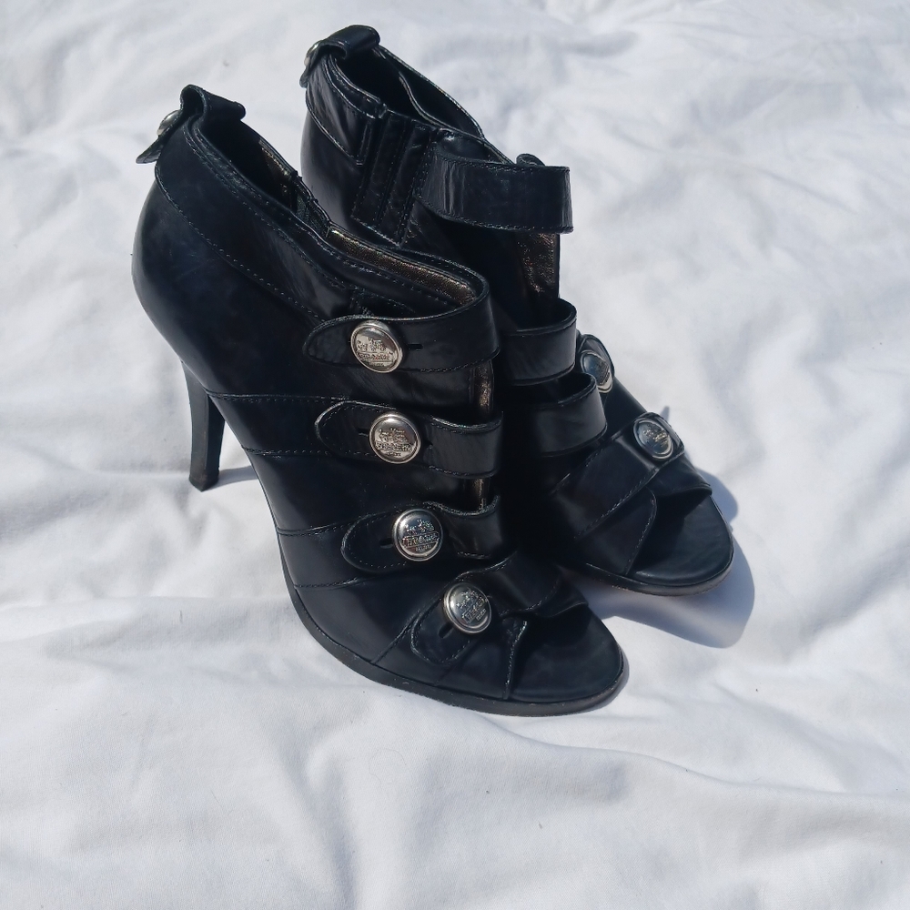 Preowned COACH  Woman's Leather Black Stiletto Heel Peep toe Booties Size 8B